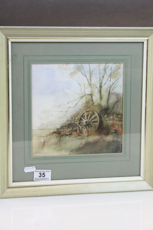 Andy Le Poidevin water colour rural scene with cartwheels signed dimensions 20cm x 20cm .