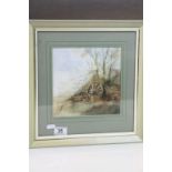 Andy Le Poidevin water colour rural scene with cartwheels signed dimensions 20cm x 20cm .