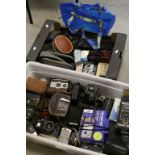 Large quantity of cameras and accessories to include Olympus, Canon, Coronet etc (2 boxes)