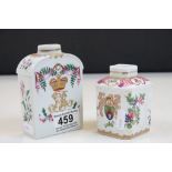 Two 19th century oriental ceramic tea caddy's with floral and coat of arms decoration
