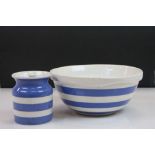 T G Green blue & white stripe Mixing Bowl and Storage Jar, bowl approx 25cm diameter