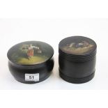 Two vintage Russian lacquered boxes with hand painted scenes to the lids, including a Maid with