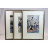 Three Framed and Glazed Japanese KUNISADA (Utagawa 1786-1865) Woodblock Prints of Figures in a