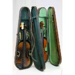 Two Wooden Cased Violins with Bows