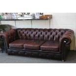 Chesterfield Brown / Red Leather Three Seater Sofa, 204cms long