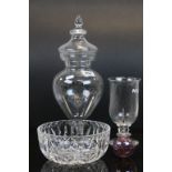 Contemporary lidded glass jar marked Hemlock Poison, cut glass bowl, similar vase and scent bottle