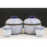 Pair of blue and white lidded Japanese pots, together with similar ceramic cups