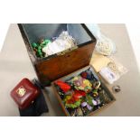 Brass decorated Oak box containing a mix of vintage Costume & other jewellery to include Silver
