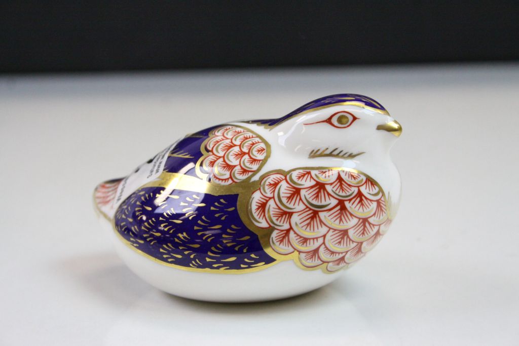 Royal Crown derby ceramic Paperweight, modelled as a Bird, with Gold stopper, approx 11cm long