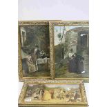 Early 20th century gilt framed print of a wedding ceremony highlighted in watercolour, together with
