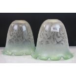 Pair of Late 19th / Early 20th century Art Nouveau Green Tinted Glass Lamp Shades with Etched Floral