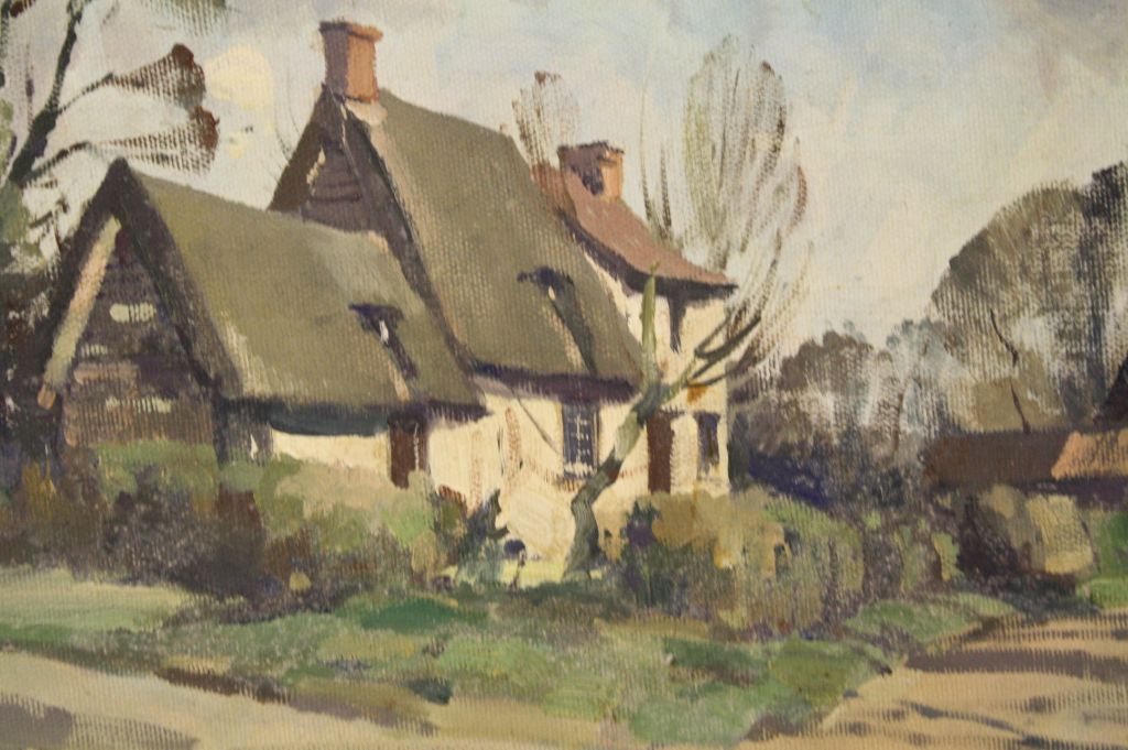 Vintage Framed Oil on board of a Cottage, signed bottom left, image approx 29 x 24cm - Image 2 of 2
