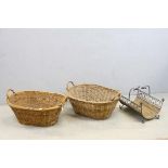 Pair of Wicker Linen Baskets, approx 65cms long together with a Metal Log Basket