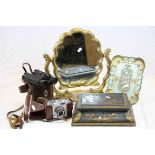 Cased Zeiss vintage camera, pair of Carl Zeiss binoculars, two gilt pier glasses, similar swing
