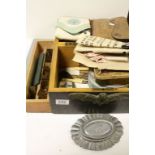 Wooden box with large Bat shaped escutcheon to lock containing a mix of vintage collectables