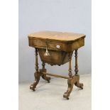 Victorian Walnut Combination Games and Work Table, the fold-over top enclosing an Inlaid Chess,