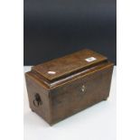 19th Century Burr Walnut veneer Tea Caddy, sarcophagus style with two internal compartments and