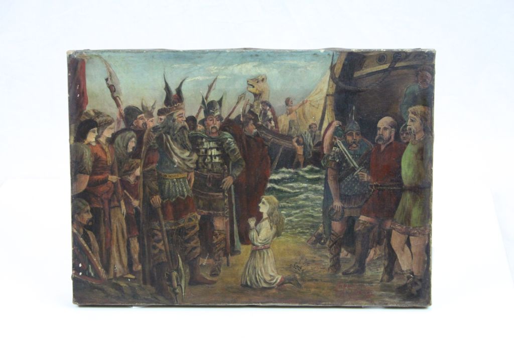 Unframed 19th Century Oil on canvas of Vikings, marked "The Viking Daughter's Prayer" to verso &