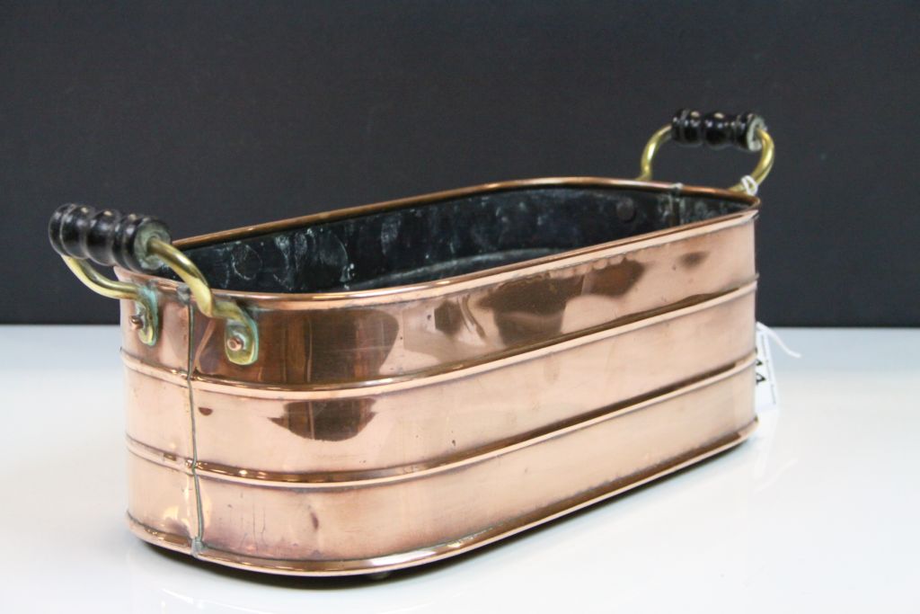 Vintage Copper Planter with Turned Wooden and Brass Handles