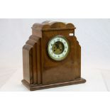 Large Art Deco style veneered Wooden Mantle Clock with exposed escapement to the front dial,