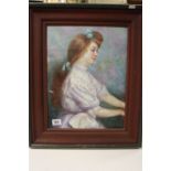 Framed oil painting of a young Victorian lady wearing blue ribbons