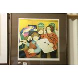 Framed Beryl Cook print women in an art class, painting nude, with blind stamp mark