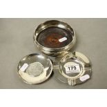 White metal Bottle stand with wooden base, white metal Ashtray & a Hallmarked Britannia Silver