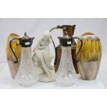 Pair of cut glass and silver plated claret jugs with mask decoration, pair of Sylvac vases, brass