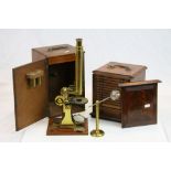 19th Century Mahogany cased Brass Microscope with Lenses by "Husband's Bristol" with accompanying