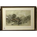 Asian framed & glazed Pencil sketch with white crayon of Fishing boats, Hovel etc & mountains to