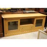 Large Modern Oak Low Cabinet with Glass Fronted Cupboards, 180cms long x 68cms high