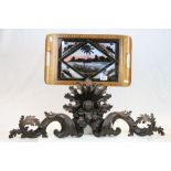 Carved wooden mirror top and a mid 20th century parquetry inlaid tray with lustre decoration of
