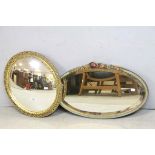 Vintage Barbola Oval Wall Mirror, 64cms long plus a Gilt Framed Circular Convex Mirror, 47cms