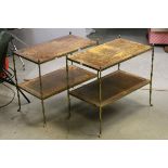 Pair of Brass Two Tier Occasional Tables with inset tooled leather shelves on simulated bamboo