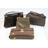Jane Shilton genuine snake skin handbag and two other handbags and a cased vanity set