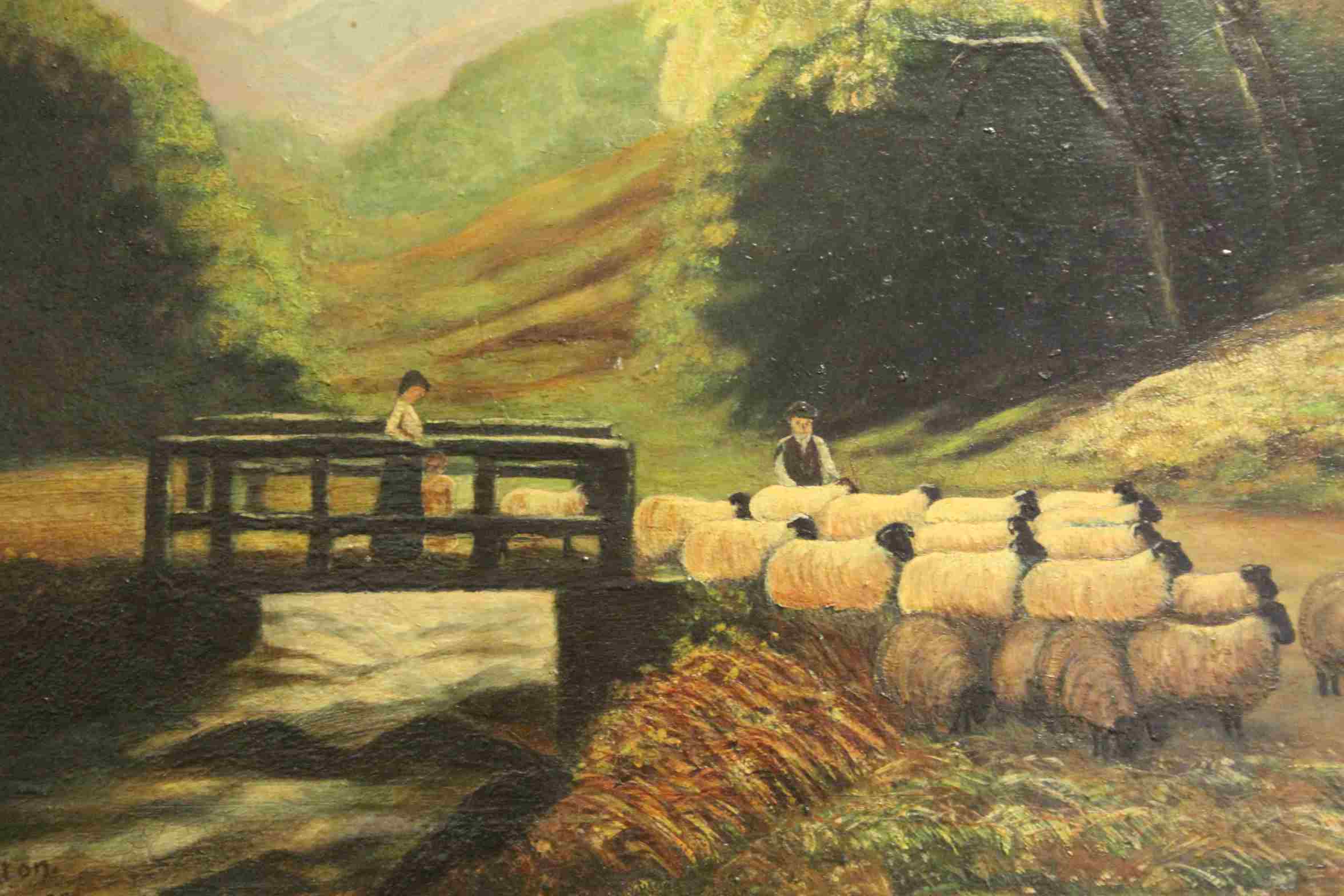 An early 20th century naive oil painting of figures with sheep in a rural setting signed and dated - Image 2 of 2