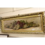 19th C oil on canvas extensive gilt framed still life of flowers and fauna