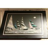 Large contemporary Stephen Kay oil painting of racing sailing yachts, approx.90cm x 120cm