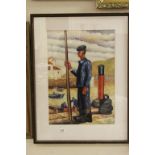 Framed oil painting of a Basque Fisherman on a Quayside