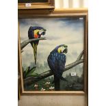An ornithological oil painting study of Blue Macaws on tree bough signed R Kingman