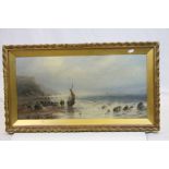 Gilt framed Oil on canvas of a Coastal scene with Fishing Boat, signed "Hamilton Marr" (1846 -