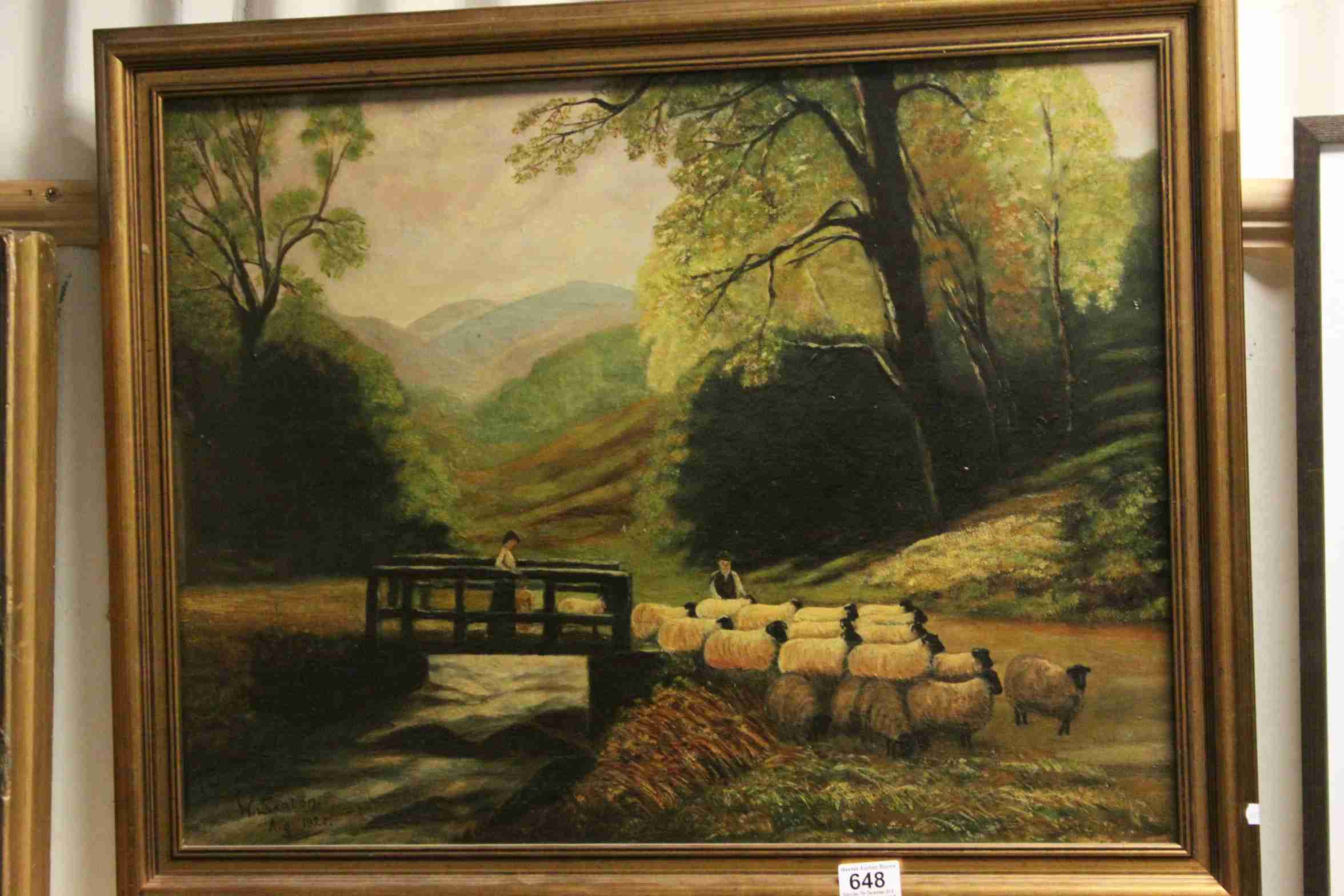 An early 20th century naive oil painting of figures with sheep in a rural setting signed and dated