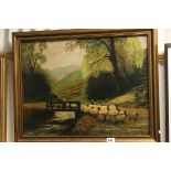 An early 20th century naive oil painting of figures with sheep in a rural setting signed and dated