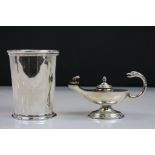 Empire pewter Patrick Henry mint julep cup with beaded boarder & miniature silver plate genie oil
