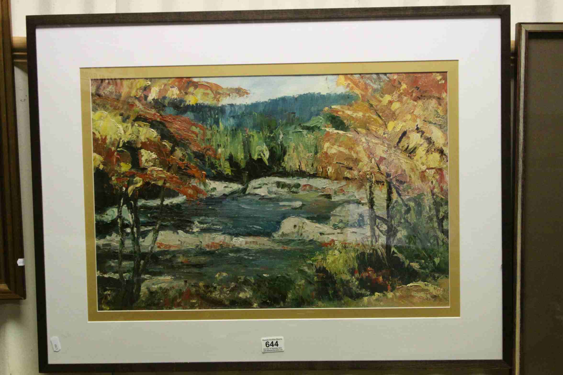 Contemporary impasto oil painting of a wooded river scene, approx. 40cm x 60cm