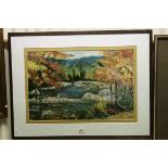 Contemporary impasto oil painting of a wooded river scene, approx. 40cm x 60cm