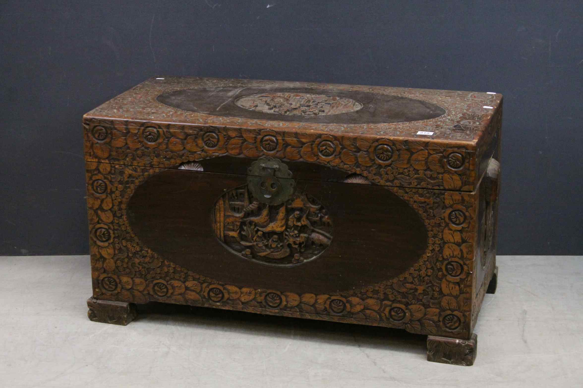 South East Asian Heavily Carved Camphor Wood Chest / Blanket Box, 104cms long x 59cms high