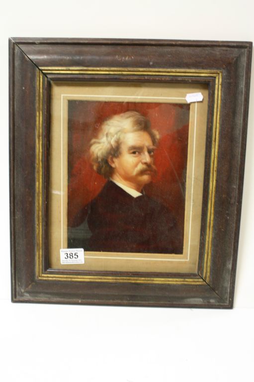 Framed oil painting portrait of American author Mark Twain