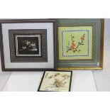 Original school 3 framed embroidery on silk studies of birds in blossoms