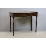19th century Mahogany Bow Fronted Side Table with Single Drawer and raised on Turned Legs, 91cms